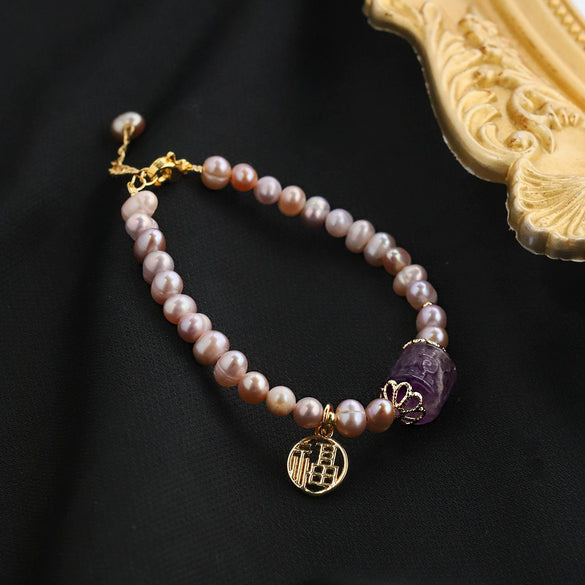 Natural Freshwater Purple Pearl And Crystal Necklace And Bracelet With Back Pattern Handmade For Women