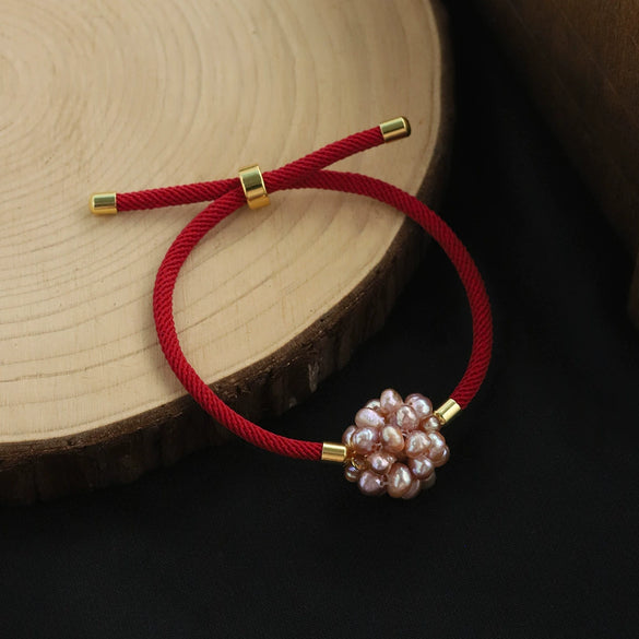 Natural Freshwater Purple Pearl Flower Ball Red Rope Knitted Women's Fashion Luck Bracelet