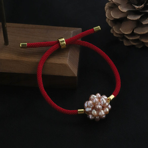 Natural Freshwater Purple Pearl Flower Ball Red Rope Knitted Women's Fashion Luck Bracelet