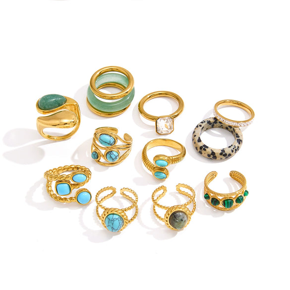 Natural Green Aventurine Geometric Stainless Steel Ring With Pvd Gold Plating For Women