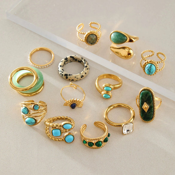 Natural Green Aventurine Geometric Stainless Steel Ring With Pvd Gold Plating For Women