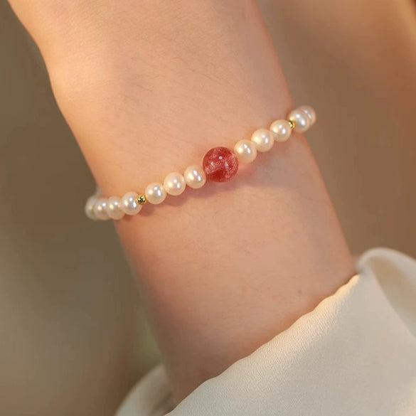 Natural Handmade Women's Bracelet With Freshwater Pearl Strawberry Crystal Copper And Plastic