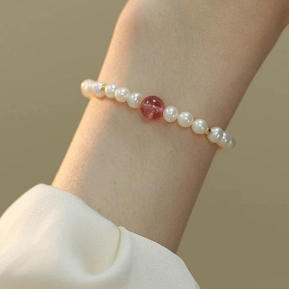 Natural Handmade Women's Bracelet With Freshwater Pearl Strawberry Crystal Copper And Plastic