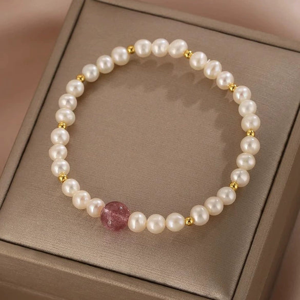 Natural Handmade Women's Bracelet With Freshwater Pearl Strawberry Crystal Copper And Plastic