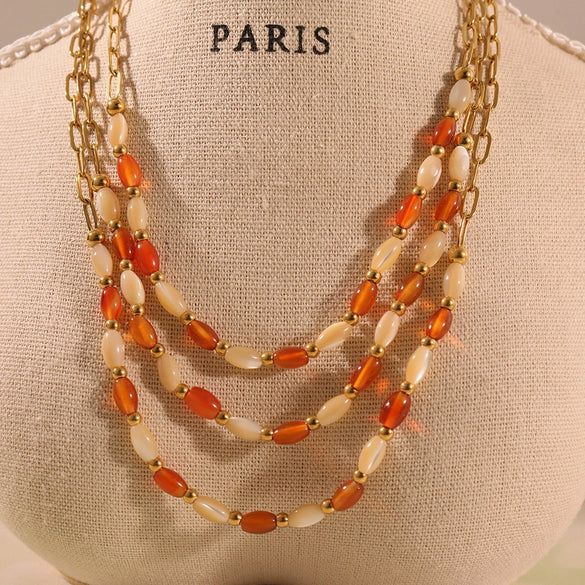 Natural Oval Agate Shell Steel Ball Clavicle Necklace And Bracelet For Girls In Stainless Steel With Electroplating Design