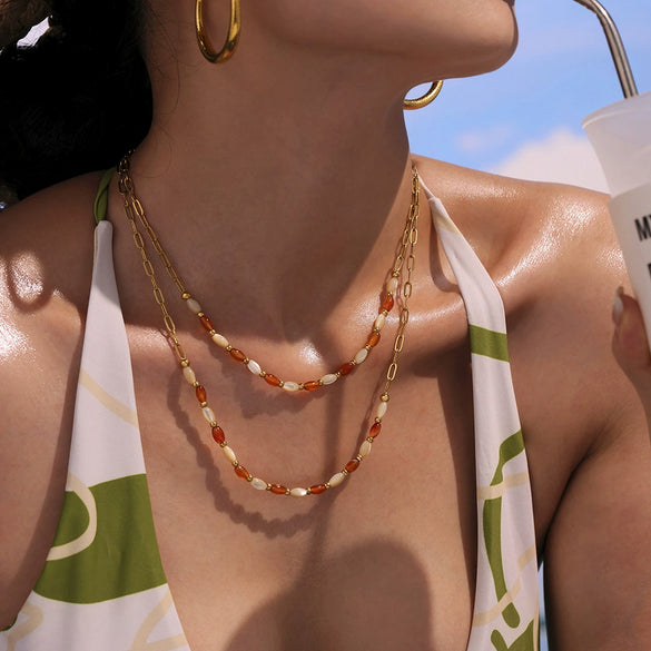 Natural Oval Agate Shell Steel Ball Clavicle Necklace And Bracelet For Girls In Stainless Steel With Electroplating Design