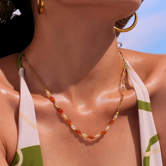 Natural Oval Agate Shell Steel Ball Clavicle Necklace And Bracelet For Girls In Stainless Steel With Electroplating Design