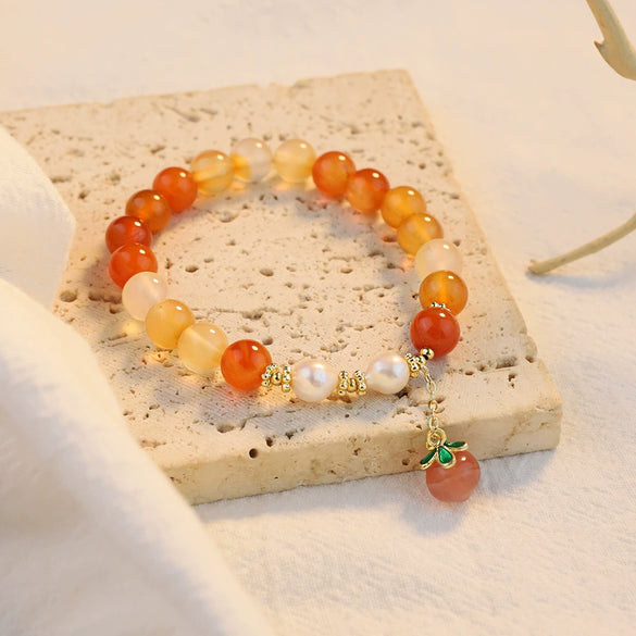 Natural Pearl And Yellow Agate Fruit Shaped Pendant Handmade Women's Bracelet