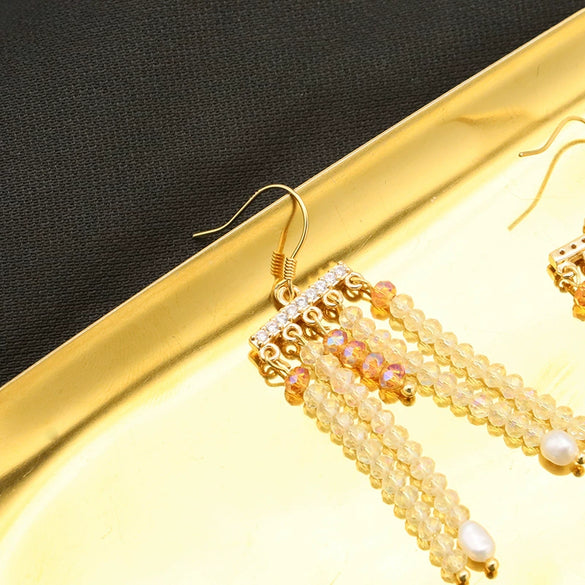 Natural Pearl Geometric Style 925 Silver Needle Tassel Earrings For Women