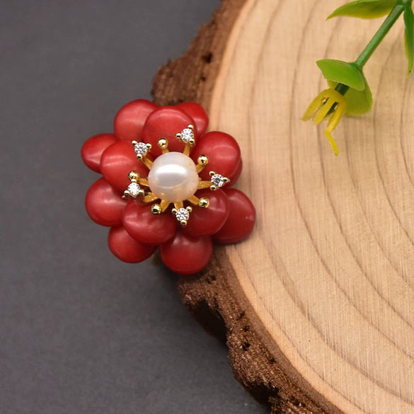 Natural Pearl Ring Retro Highend Flowers Light Luxury Elegant Jewelry