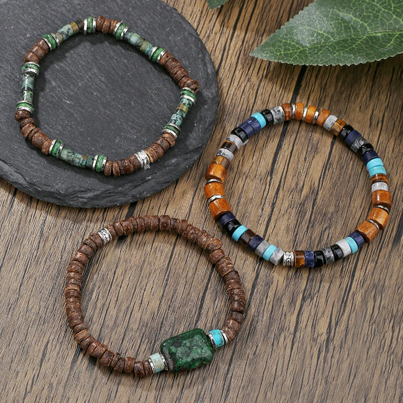 Natural Raw Stone Wood Beaded Geometric Handmade Unisex Bracelet