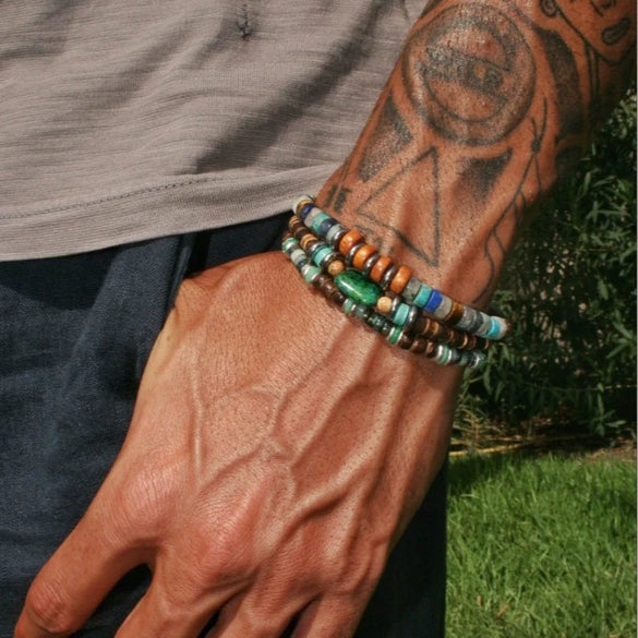 Natural Raw Stone Wood Beaded Geometric Handmade Unisex Bracelet