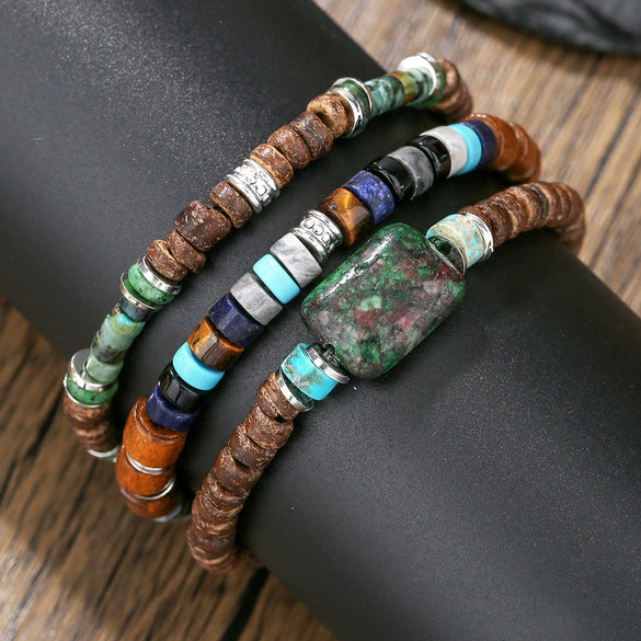 Natural Raw Stone Wood Beaded Geometric Handmade Unisex Bracelet
