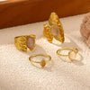 Natural Rose Quartz Geometric Teardrop Gold Plated Titanium Steel Open Ring With Textured Finish Wholesale Jewelry