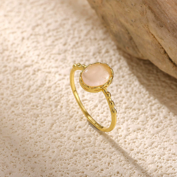 Natural Rose Quartz Geometric Teardrop Gold Plated Titanium Steel Open Ring With Textured Finish Wholesale Jewelry