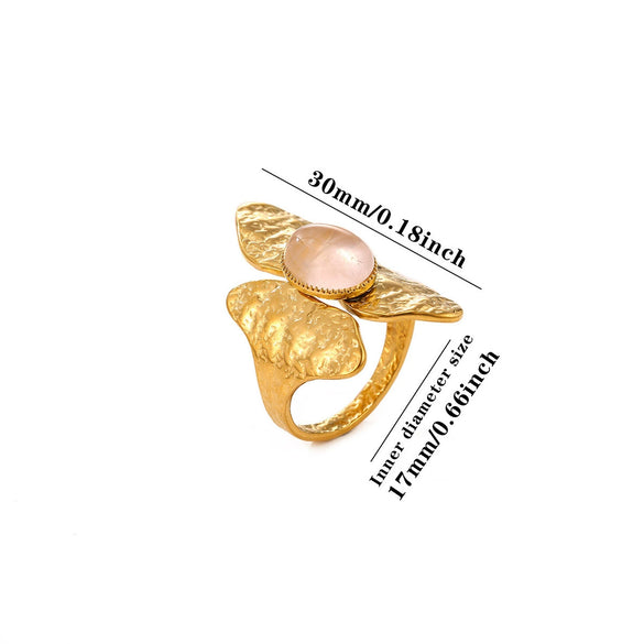 Natural Rose Quartz Geometric Teardrop Gold Plated Titanium Steel Open Ring With Textured Finish Wholesale Jewelry