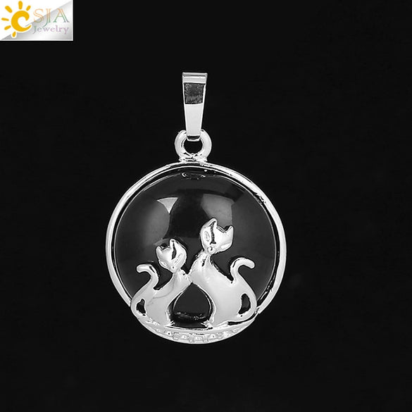 Natural Stone And Copper Accessories Double Kitty Doublesided Minimalist Necklace Pendant Jewelry For Female