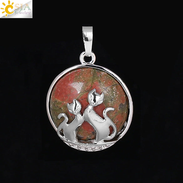 Natural Stone And Copper Accessories Double Kitty Doublesided Minimalist Necklace Pendant Jewelry For Female