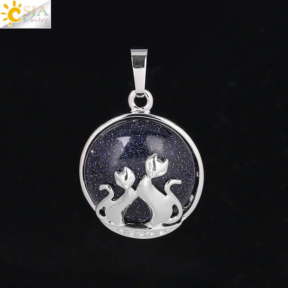 Natural Stone And Copper Accessories Double Kitty Doublesided Minimalist Necklace Pendant Jewelry For Female