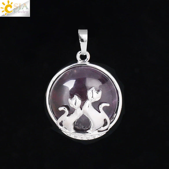 Natural Stone And Copper Accessories Double Kitty Doublesided Minimalist Necklace Pendant Jewelry For Female