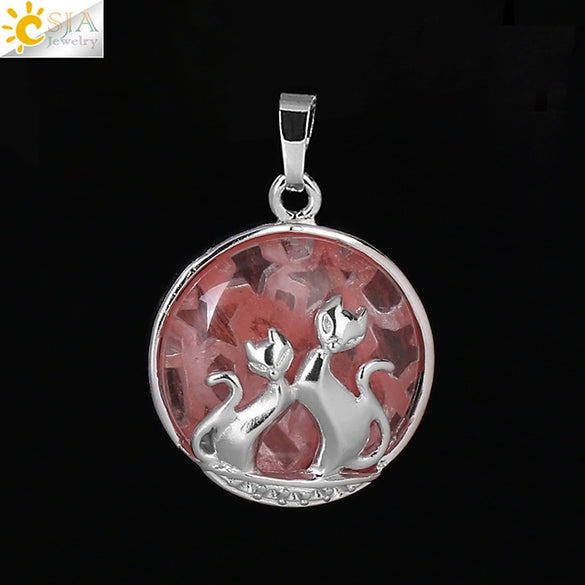 Natural Stone And Copper Accessories Double Kitty Doublesided Minimalist Necklace Pendant Jewelry For Female