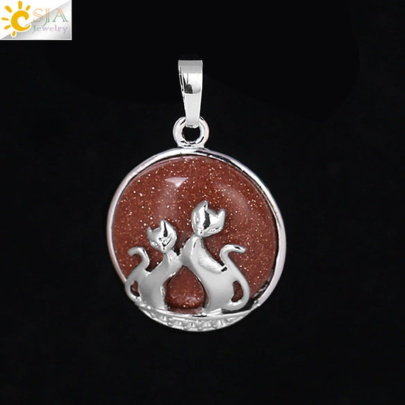 Natural Stone And Copper Accessories Double Kitty Doublesided Minimalist Necklace Pendant Jewelry For Female
