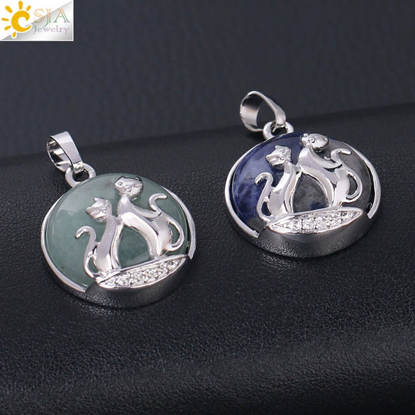 Natural Stone And Copper Accessories Double Kitty Doublesided Minimalist Necklace Pendant Jewelry For Female