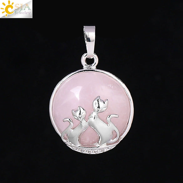 Natural Stone And Copper Accessories Double Kitty Doublesided Minimalist Necklace Pendant Jewelry For Female