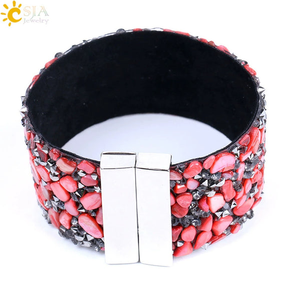 Natural Stone And Copper Wide Winding Bracelet With Shell Gravel Pattern Magnetic Clasp Minimalist Fashion Bracelet For Women