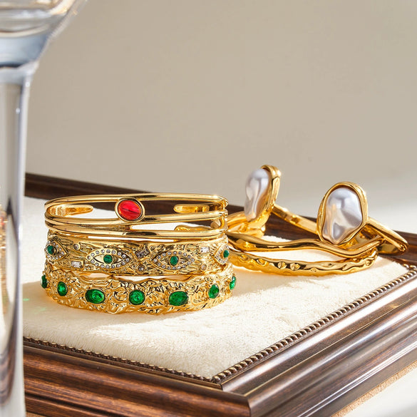 Natural Stone And Rhinestone Stainless Steel Bracelet With 18K Gold Vacuum Plating For Women