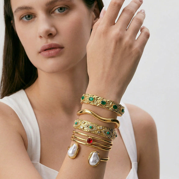 Natural Stone And Rhinestone Stainless Steel Bracelet With 18K Gold Vacuum Plating For Women