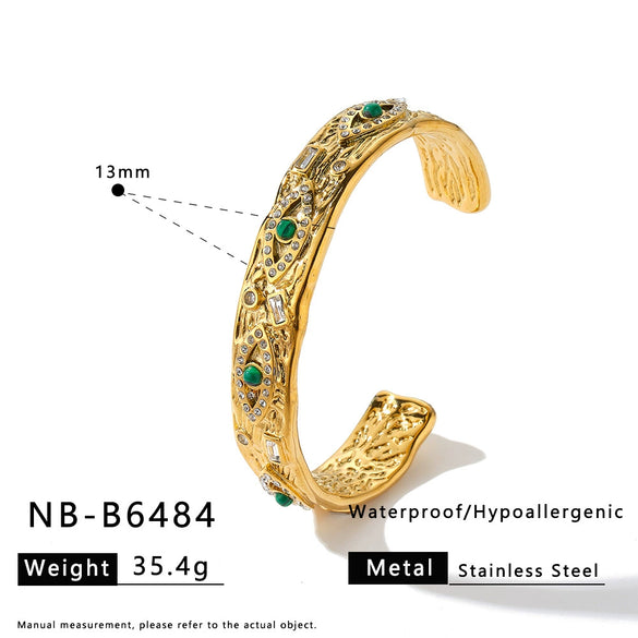 Natural Stone And Rhinestone Stainless Steel Bracelet With 18K Gold Vacuum Plating For Women