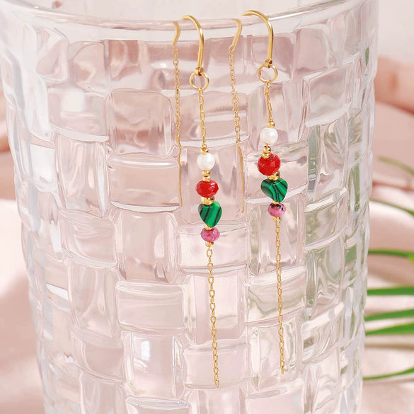 Natural Stone And Stainless Steel Geometric Handmade Long Tassel Earrings