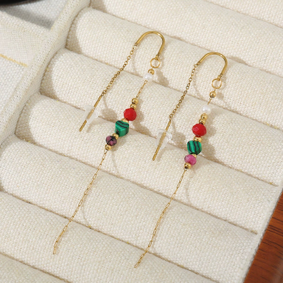 Natural Stone And Stainless Steel Geometric Handmade Long Tassel Earrings