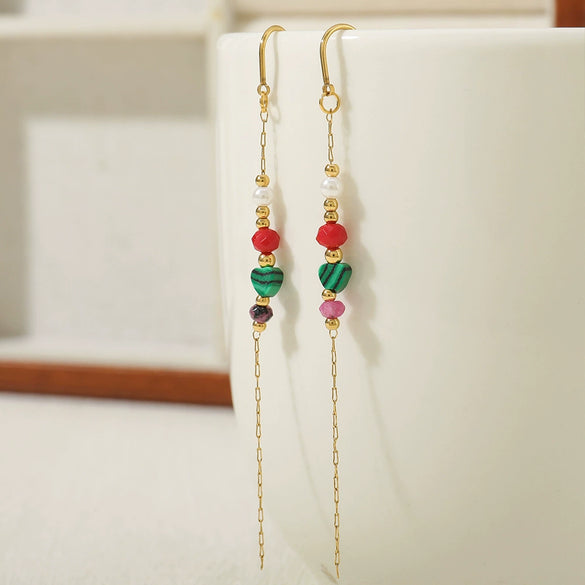 Natural Stone And Stainless Steel Geometric Handmade Long Tassel Earrings