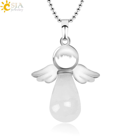 Natural Stone Angel Wing Pendant Necklace With Round And Teardrop Shape Copper Ball Chain Minimalist Love Gift Jewelry