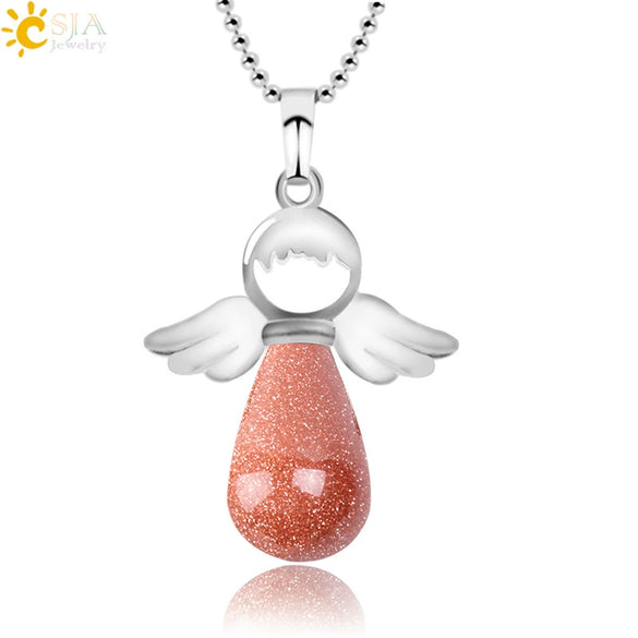 Natural Stone Angel Wing Pendant Necklace With Round And Teardrop Shape Copper Ball Chain Minimalist Love Gift Jewelry