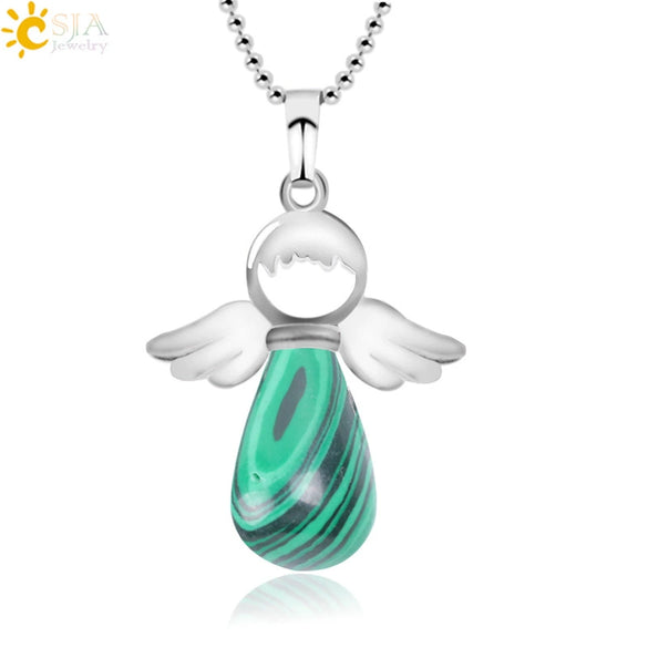 Natural Stone Angel Wing Pendant Necklace With Round And Teardrop Shape Copper Ball Chain Minimalist Love Gift Jewelry