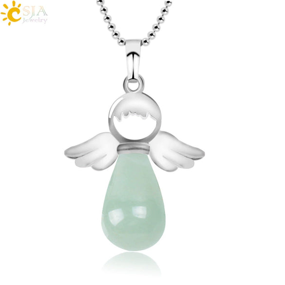 Natural Stone Angel Wing Pendant Necklace With Round And Teardrop Shape Copper Ball Chain Minimalist Love Gift Jewelry