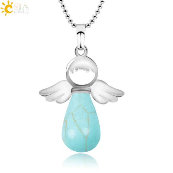 Natural Stone Angel Wing Pendant Necklace With Round And Teardrop Shape Copper Ball Chain Minimalist Love Gift Jewelry