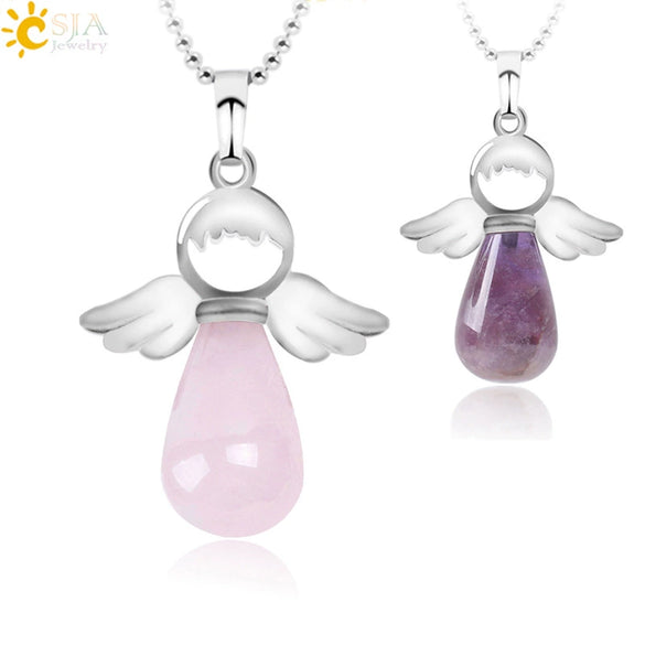 Natural Stone Angel Wing Pendant Necklace With Round And Teardrop Shape Copper Ball Chain Minimalist Love Gift Jewelry