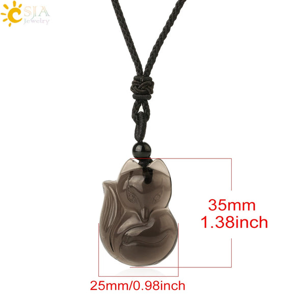 Natural Stone Animal Fox Pendant Necklace With Obsidian Black Agate And Indian Agate Braided Rope Chain Minimalist Zodiac Jewelry