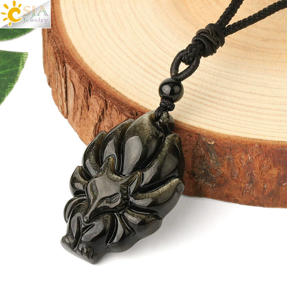 Natural Stone Animal Fox Pendant Necklace With Obsidian Black Agate And Indian Agate Braided Rope Chain Minimalist Zodiac Jewelry