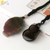 Natural Stone Animal Fox Pendant Necklace With Obsidian Black Agate And Indian Agate Braided Rope Chain Minimalist Zodiac Jewelry