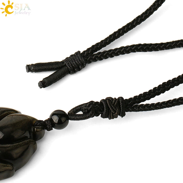 Natural Stone Animal Fox Pendant Necklace With Obsidian Black Agate And Indian Agate Braided Rope Chain Minimalist Zodiac Jewelry