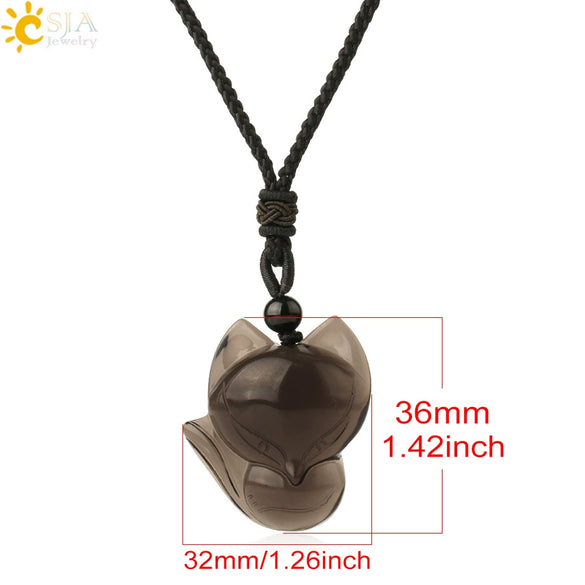 Natural Stone Animal Fox Pendant Necklace With Obsidian Black Agate And Indian Agate Braided Rope Chain Minimalist Zodiac Jewelry