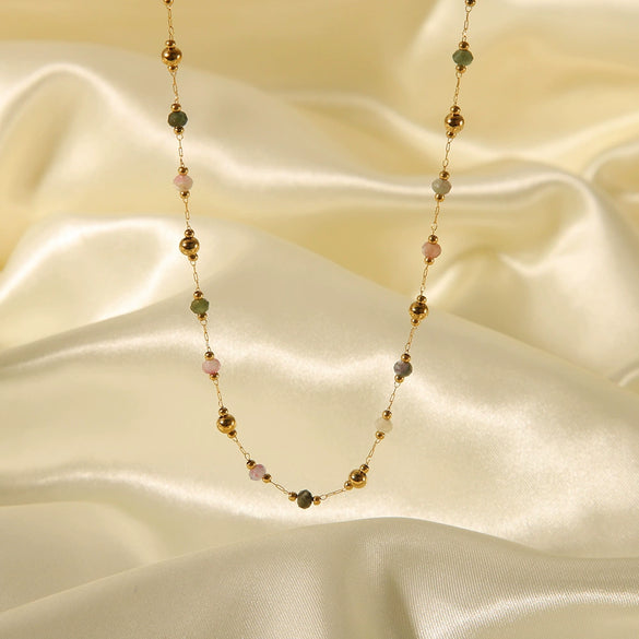 Natural Stone Beaded Bracelet And High Clavicle Chain Jewelry Set Stainless Steel Handmade With Electroplating