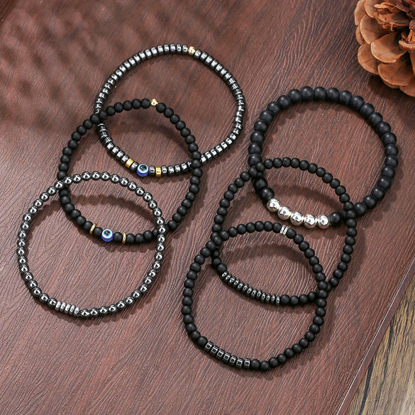 Natural Stone Beaded Bracelet Black Matte Volcanic Stone Round Geometric Handmade Unisex