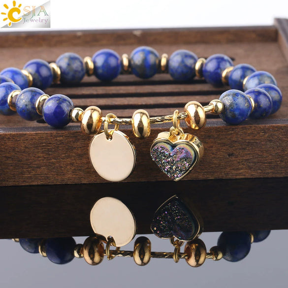 Natural Stone Beaded Bracelet For Women With Crystal Cluster Heart Charm Gold Plated Elastic Fashion Jewelry
