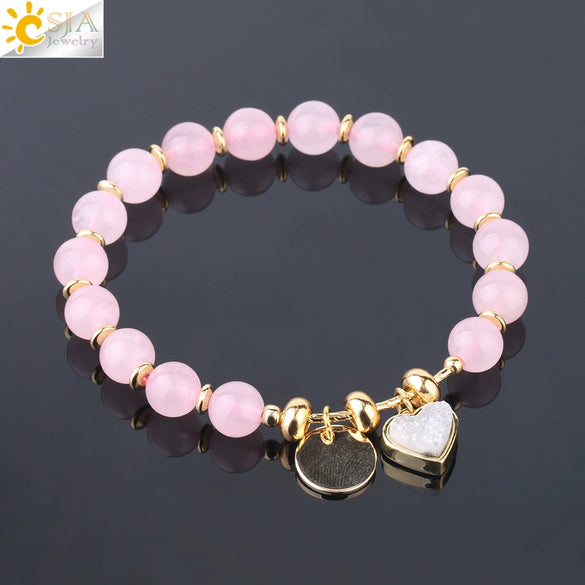 Natural Stone Beaded Bracelet For Women With Crystal Cluster Heart Charm Gold Plated Elastic Fashion Jewelry